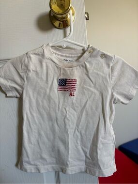 Ralph Lauren White Toddler Tee with Embroidered Flag